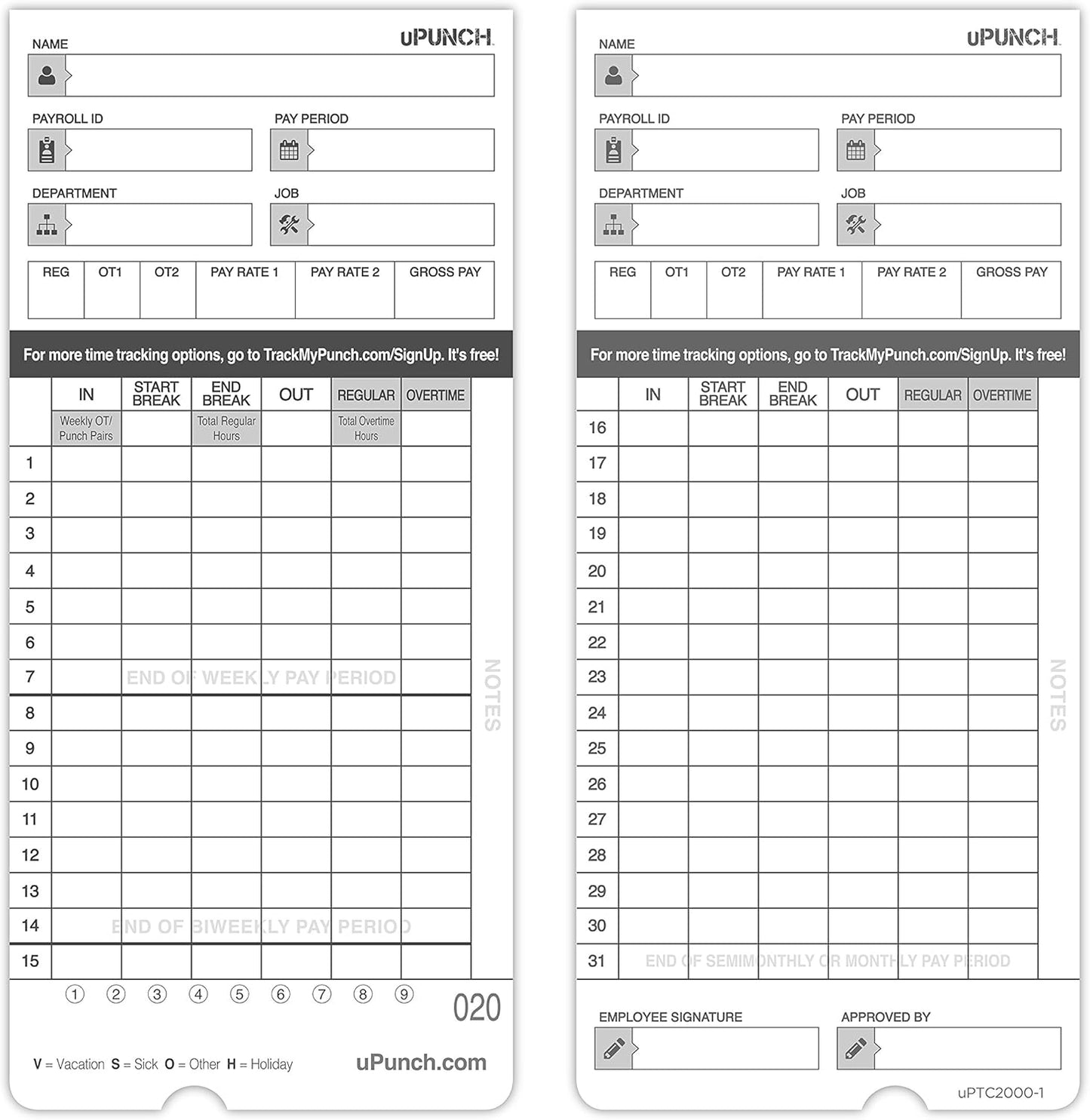 50 uPunch Time Cards for HN4000