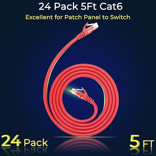 Rapink Patch Cables Cat6 5ft (24 Pack), Ethernet Patch Cable 10G Support, Cat 6 Patch Cable for Patch Panel to Switch, Flexiable Cat 6 Ethernet Cable with Gold Plated Red