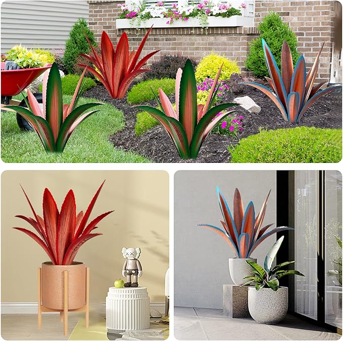 TOMBABY Enlarge thickened Wind Resistant Metal Agave Garden Art Plant Country Sculpture Statue Outdoor decoration Courtyard Lawn Ornament Gift (12 Leaves Green 2 pcs) (TB-410-415)