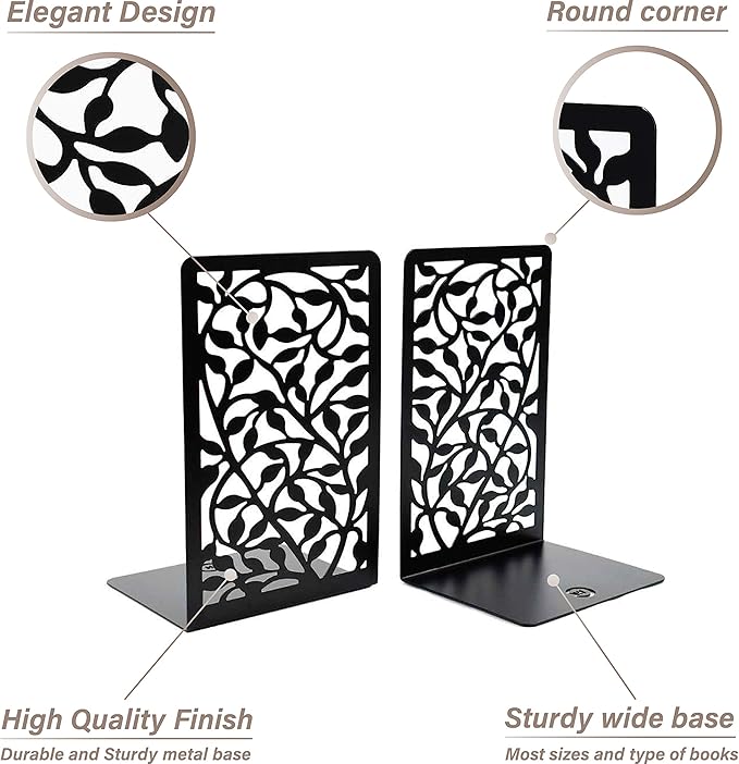 CNK Book Ends Bookends for Decorative Books Holder Bookend Shelves End Hold Heavy Duty Holders Stoppers Metal Stopper Cute Boho Bookshelf Holds Cookbook Office Home Set of 4 Bookends Pair Black