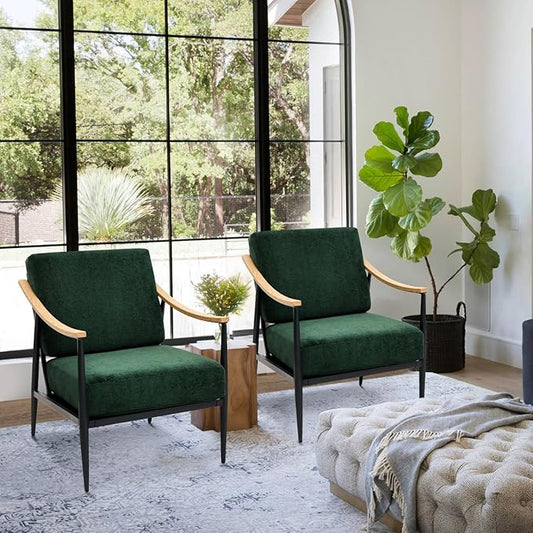 Modern Accent Chairs Set of 2 for Living Room Bedroom Mid Century Arm Chairs Upholstered Office Accent Chairs Comfy Waiting Room Chairs with Metal Frame, Green