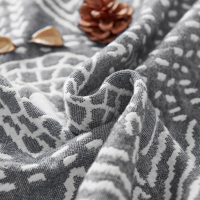 JINCHAN Boho 100% Cotton Muslin Blanket 3-Layer Twin Size Geometric Lightweight Reversible Soft Cozy Throw for Couch Sofa Bed All Season Coverlet Ideal Gift Bedroom Living Room Decor Grey 60x80 Inches