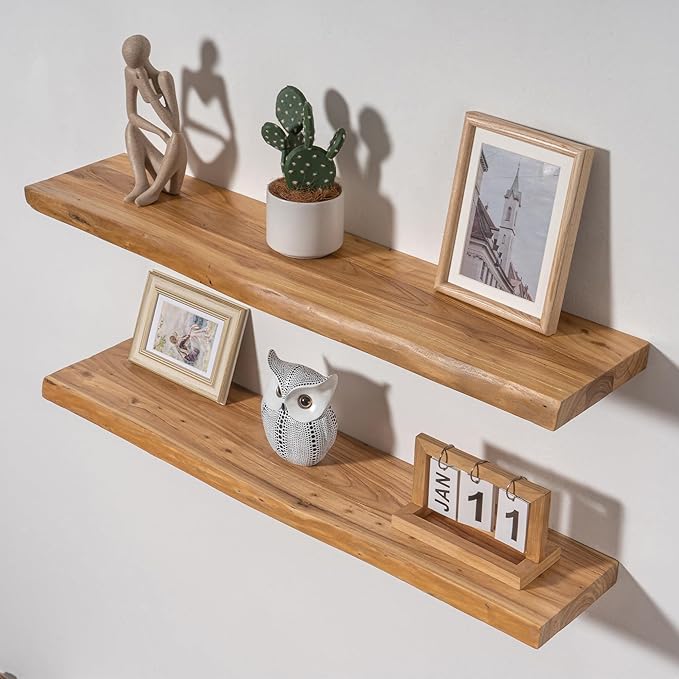 Axeman 36 inch Floating Shelves for Wall - 8'' D Live Edge Rustic Solid Elm Wood Floating Shelves Wall Mounted, Wall Shelves with Invisible Bracket for Living Room Bedroom Kitchen, Set of 2 Natural