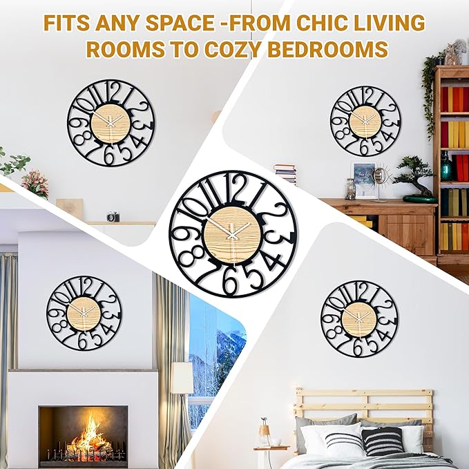 16inch/40cm Wall Clocks Battery Operated,Wall Clocks for Living Room Decor,Large Wall Clock for Classroom,Bathroom,Bedroom,Office (Wooden Arabic Numerals, 16 inches)