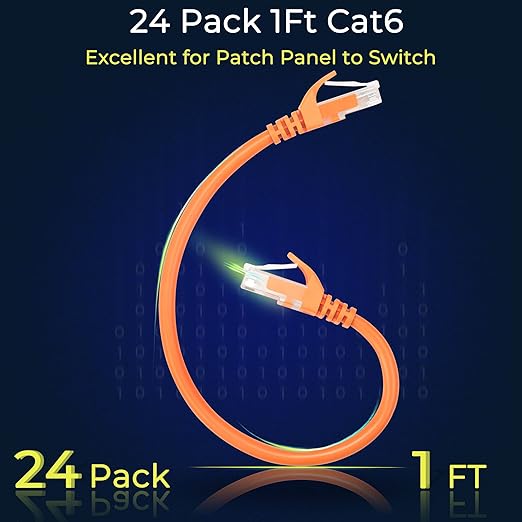 Rapink Patch Cables Cat6 1ft (24 Pack), Ethernet Patch Cable 10G Support, Cat 6 Patch Cable for Patch Panel to Switch, Flexiable Cat 6 Ethernet Cable with Gold Plated Orange