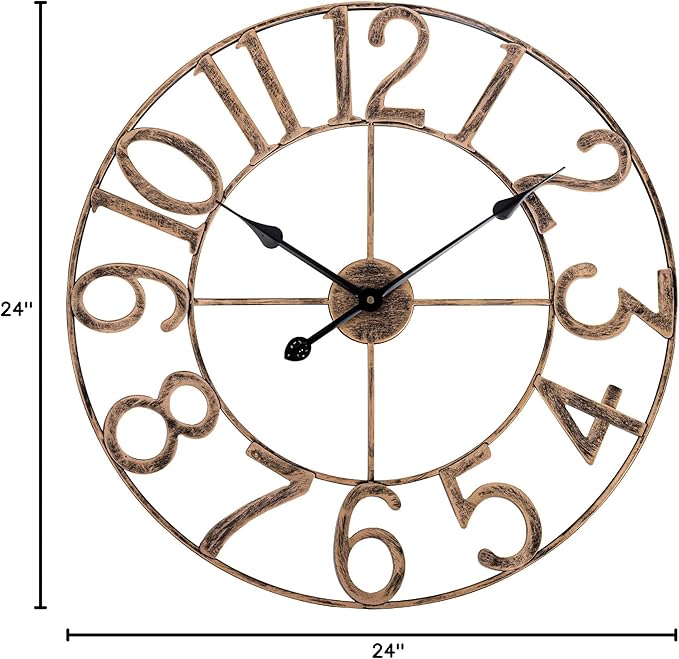 BEW Large Wall Clocks for Living Room Decor, Silent Analog Battery Operated Wall Clock, 24 Inch Bronze Rustic Farmhouse Metal Wall Clock for Indoor, Outdoor