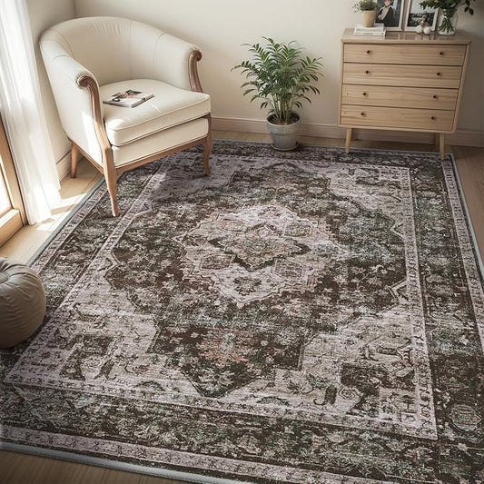 AMOAMI-4X6 Area Rugs for Living Room -Soft Vintage Bedroom Rugs-Non Slip Washable Rug-Throw for Living Room Bedroom Bedside Dining Room Office Brick/Brown