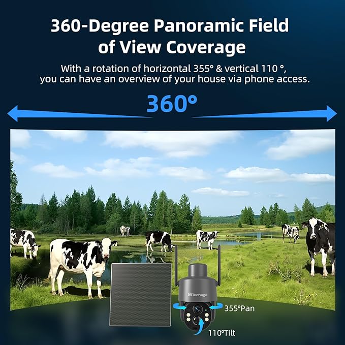 Techage 4G LTE Cellular Solar Security Camera Wireless Outdoor, 2.5K NO WiFi Security Camera with Color Night Vision, 360° PTZ Live View, PIR Motion Detection, 2 Way Talk, 64GB Card Built-in SIM Card