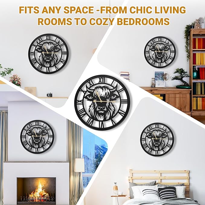 16inch Large Wall Clocks for Living Room Decor,Wall Clocks Battery Operated, Black Slient Metal Decorative Wall Clock for Bedroom, Kitchen, Dining Room (Highland Bull Wall Clock, 16 Inch)