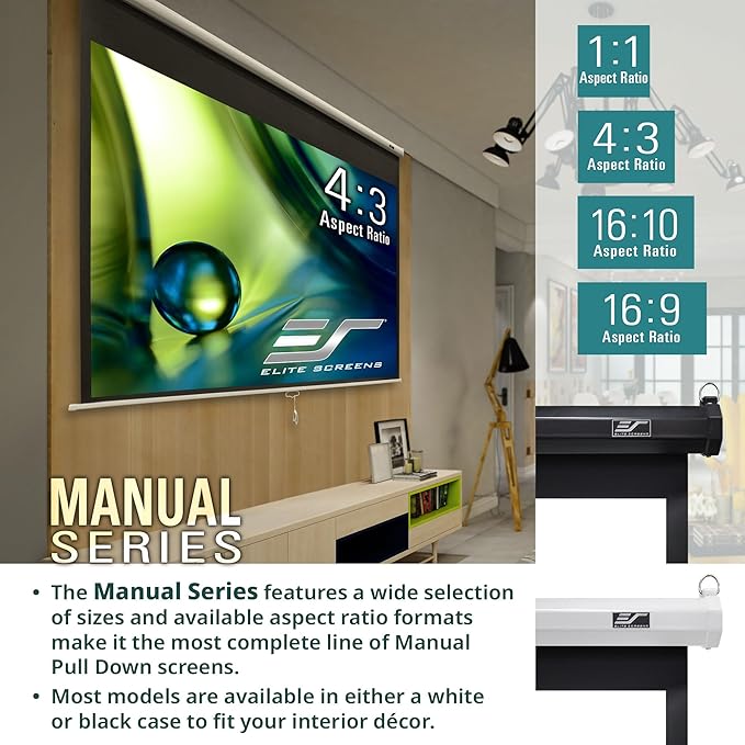 Elite Screens Manual Series, 80-INCH, 4:3 Aspect Ratio. Manual Pull Down Projector Screen with AUTO LOCK for Home Movie Theater, 8K / 4K Ultra HD 3D Ready, M80NWV, White