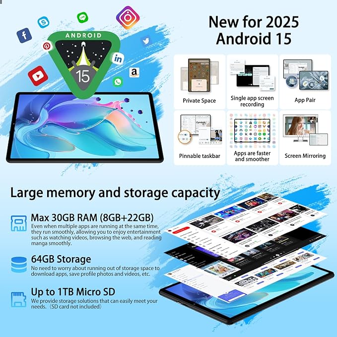 2025 Android 15 Tablet with Keyboard, 10.1 Inch Tablets FHD Display 30GB RAM 64GB ROM 1TB Expand, Octa-Core 2.0GHz, Widevine L1, 6000mAh Battery, 5G WiFi & GPS, Gemini AI, 2-in-1 Tableta PC - Black