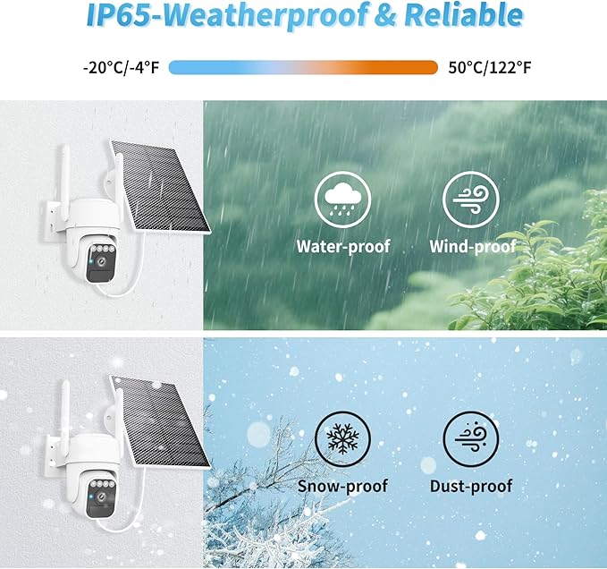 Solar Camera Outdoor Wireless, Wi-Fi Security Cameras for Home, 360° View, Two-Way Talk, Auto Tracking, Light Alarm, Color Night Vision
