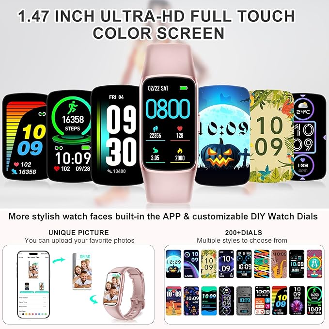 Fitness Tracker Step Counter with 24/7 Heart Rate Blood Oxygen Sleep Monitor, 1.47'' AMOLED Touch Color Screen Fitness Watch, Smart Watches for Women Men