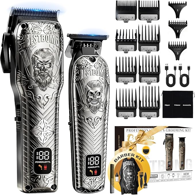 BESTBOMG Professional Cordless Mens Hair Clippers & Beard Trimmer Kits & Sets,Metal Hair Clippers Cutting Grooming Kit with Long Battery Life for Family Barber Use (Gray)