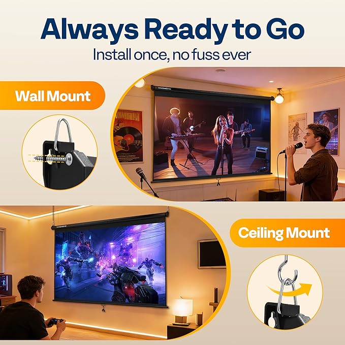 VIVOHOME 100 Inch 16:9 Pull Down Projector Screen, HD 4K Retractable Movie Screen for Indoor Home Theater and Office, Manual Projection Screen with Auto Locking (87W x 49H Inch Display Area)