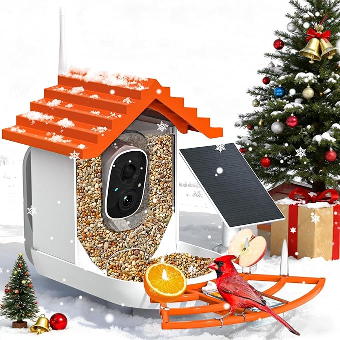 Smart Bird Feeder with Camera Solar Powered & AI Bi rd Identification, 2.4Ghz WiFi Bird feeders for Outdoors, 2K Live Video, Nstant Arrival Alerts - Orange