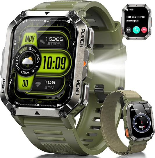 Military Smart Watches for Men，Smart Watch for Android iPhone with Large 2.01"Fitness HD Display/Flashlight/100-Day Battery/Compass/Heart Rate/120+ Sports Modes/IP68 Waterproof Smartwatch （2 Straps)