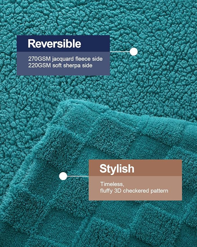 Pawque Super Soft Cozy Throw Blanket for Couch Bed - Fluffy Sherpa Fleece Reversible Thick Warm Fuzzy Blanket for All-Season, 3D Checkered Jacquard Elegant Decorative Blankets, Teal Green, 50" x 60"