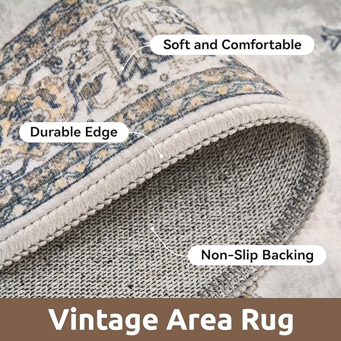 AMOAMI-Vintage Area Rug 5X7 Grey Rugs for Living Room-Soft Living Room Rug Non Slip Rugs for Bedroom Carpet Machine Washable Rug for Dining Room Bedside Office Room Decor