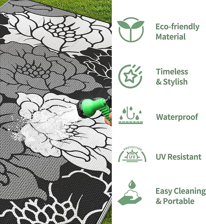 GENIMO Outdoor Rug Waterproof for Patio Decor, 9' x 12' Reversible Plastic Straw Floral Camping Carpet, Large Area Rugs Mats for RV, Camper, Deck, Balcony, Porch, Beach, Picnic, Mix-Black & White