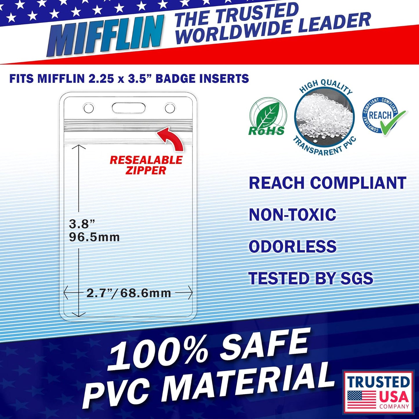 Mifflin-USA Vertical Plastic Card Holder with Metal Clip and Vinyl Straps (Clear, 2.25x3.5 Inch, 100 Pack), Waterproof PVC ID Name Badge Holder with Clip
