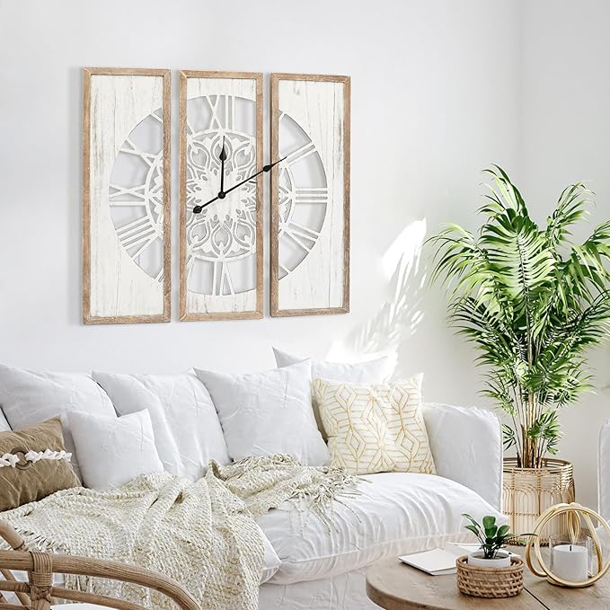 RiteSune Unique 30" Wall Clock for Living Room Decor, Oversized Farmhouse Wall Clock Battery Operated, Triptych Panel Wooden Large Clock Wall Art for Bedroom Entryway