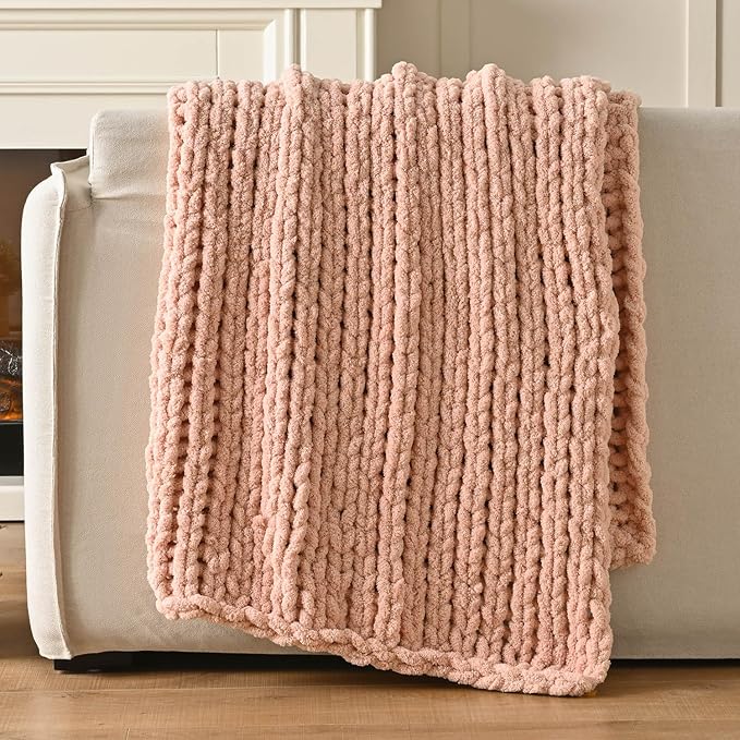 Esterra Chunky Knit Blanket Throw 40"x50", 100% Hand Knitted Chenille Throw Blanket, Cozy Soft Thick Cable Knit Throw Large Rope Knot Crochet Throw Blanket for Sofa Couch Bed, Dusty Pink
