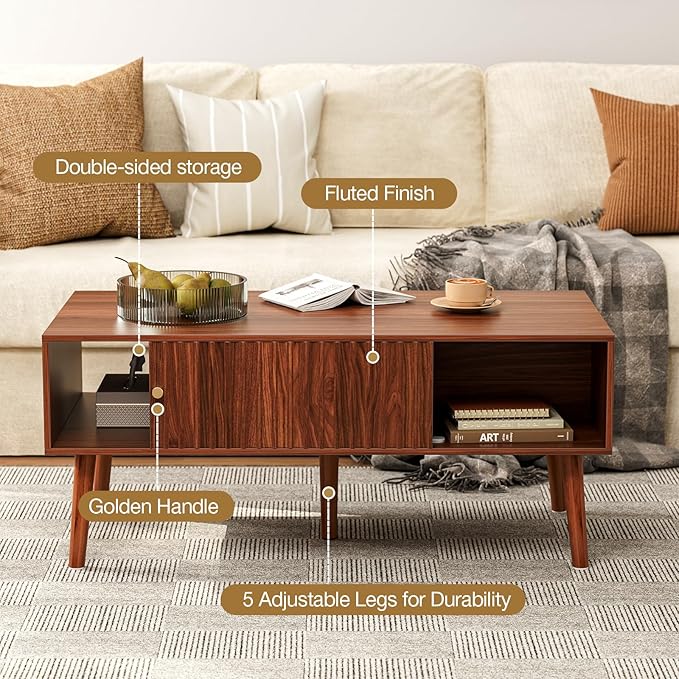 Coffee Table with Storage, Mid Century Dining Table with Sliding Fluted Door and Solid Wood Legs, Small Coffee Tables for Living Room, Walnut