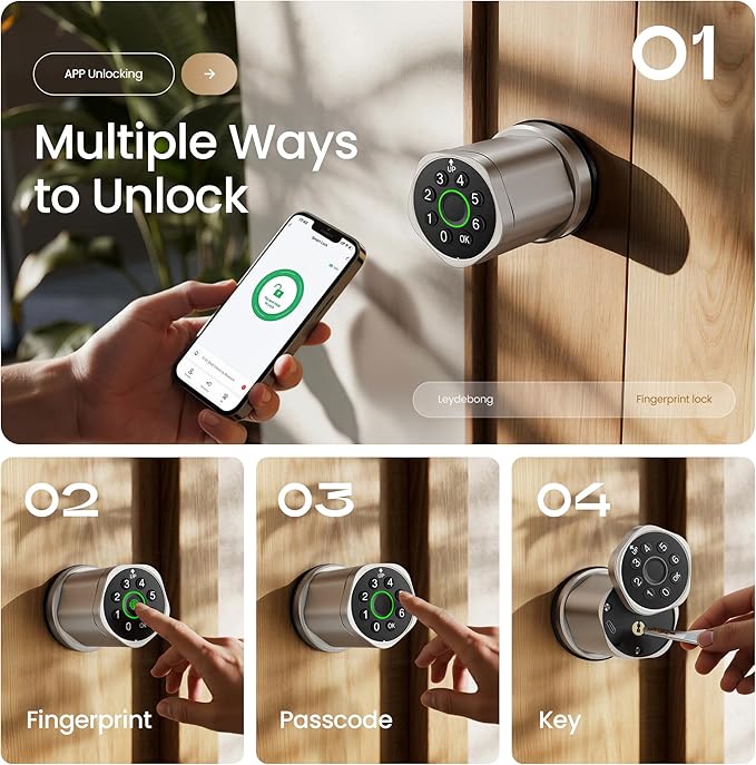 Leydebong 4-in-1 Smart Door Lock with Fingerprint and Keypad - Keyless Entry Electronic Lock with App and Mechanical Key - Easy Installation Smart Door Knob in Satin Nickel
