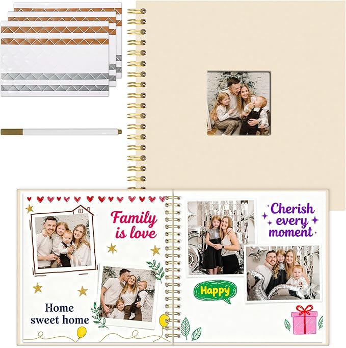 Vienrose 10 x 10 Inch Scrapbook Photo Album, Linen Hardcover Photo Book with 40 White Pages, DIY Memory Book Kit with Accessories for Wedding, Baby Shower, Travel, Christmas (Beige, 20 Sheets)