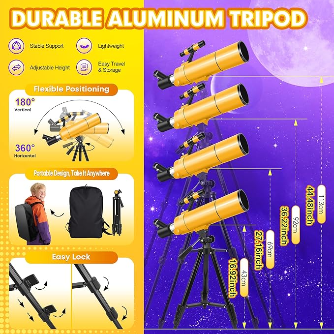 Telescope for Adults & Kids, 80mm Aperture 500mm Portable Refractor Telescope for Astronomy Beginners, Professional Travel Astronomical Telescopes with Tripod, Stickers, Phone Adapter, Backpack