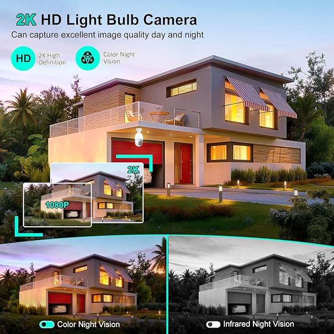 52HZ 2K Light Bulb Security Camera, 5G&2.4GHZ WiFi Lightbulb Security Cameras Wireless Outdoor Indoor, Two-Way Talk, Human Detection, Color Night Vision, Light Socket Security Camera Work with Alexa