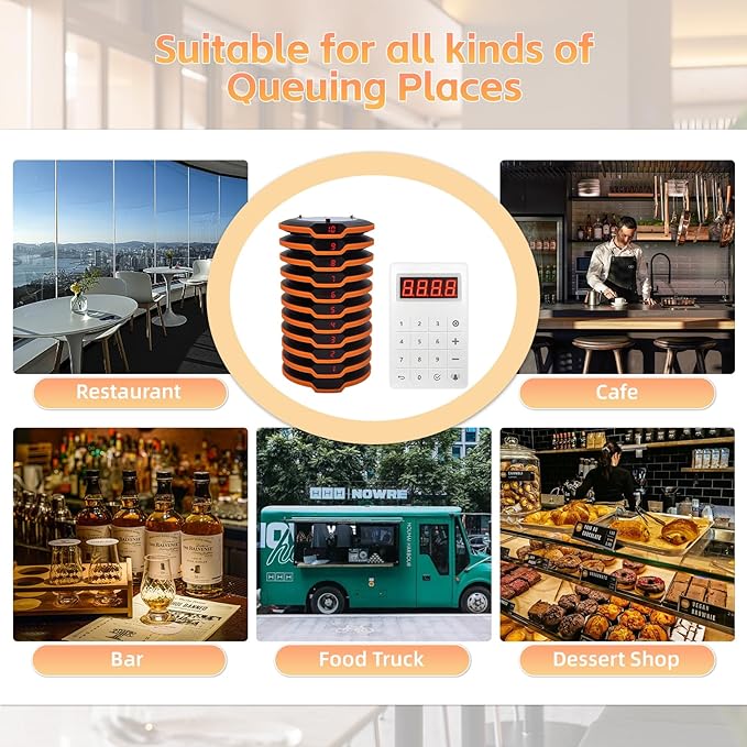 Restaurant Pager System, Long Range Social Distancing Pagers for Restaurants,10 Coaster Beepers with Vibration Flashing Buzzer, Queue Wireless Calling System for Food Truck Church Nursery Coffee Shop