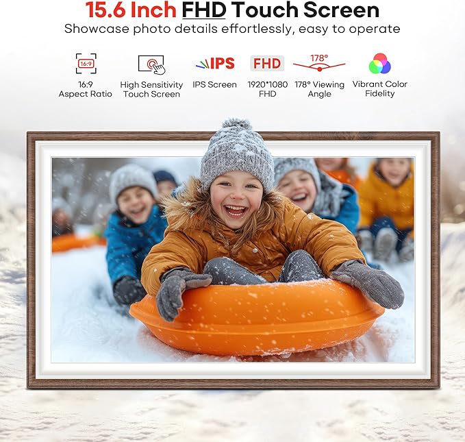 64GB Frameo 15.6" Digital Picture Frame Large 1920 x 1080 IPS FHD Touch Screen WiFi Electronic Photo Frames Share Moments Instantly Anywhere Best Gifts for Parents and Grandparents Brown Wood White