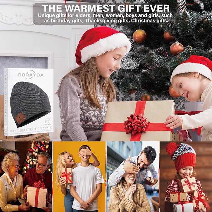 Merino Bluetooth Beanie, Bluetooth 5.2 Wool Hat HD Stereo,30 Hours Play time,Built-in Microphone, Men's/Women's Christmas Electronic Gift (Charcoal)