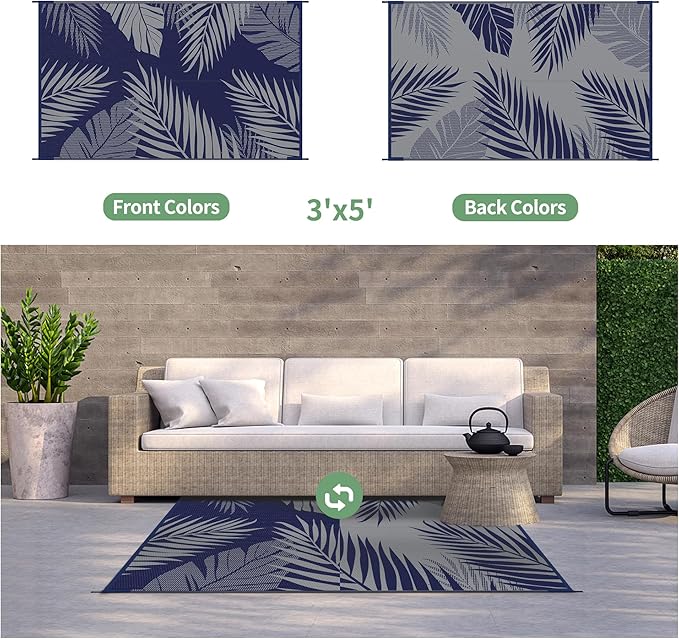 GENIMO Outdoor Rug 3' x 5' Waterproof for Patios Clearance, Reversible Outdoor Plastic Straw Camping Rug Carpet, Large Area Rugs Mats for RV, Camper, Deck, Balcony, Porch, Beach, Picnic Navy Blue&Grey
