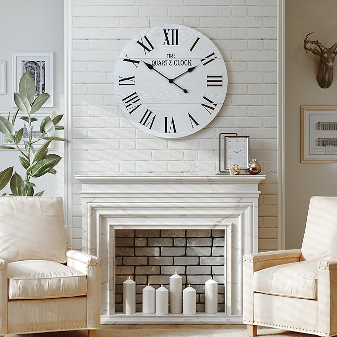 ARTPOWER Large Farmhouse Wall Clock, 24” Shiplap Wall Clock with Roman Numeral, Nearly Non-Ticking, Round Wall Clocks for Living Room Decor, Office, Bedroom, Entrance, White