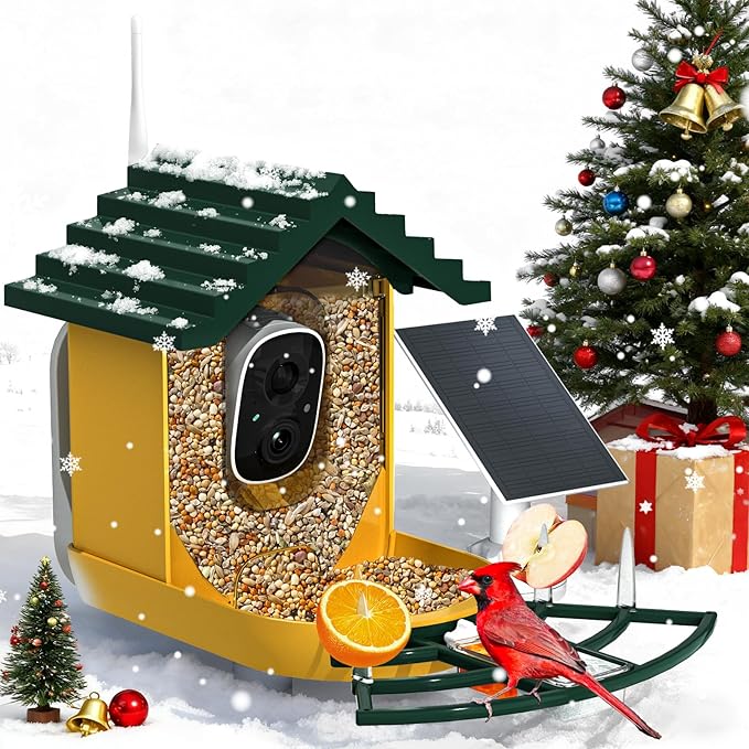 Smart Bird Feeder with Camera Solar Powered & AI Bi rd Identification, 2.4Ghz WiFi Bird feeders for Outdoors, 2K Live Video, Nstant Arrival Alerts - Green-Yellow
