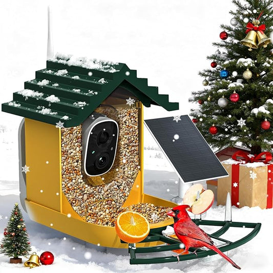 Smart Bird Feeder with Camera Solar Powered & AI Bi rd Identification, 2.4Ghz WiFi Bird feeders for Outdoors, 2K Live Video, Nstant Arrival Alerts - Green-Yellow