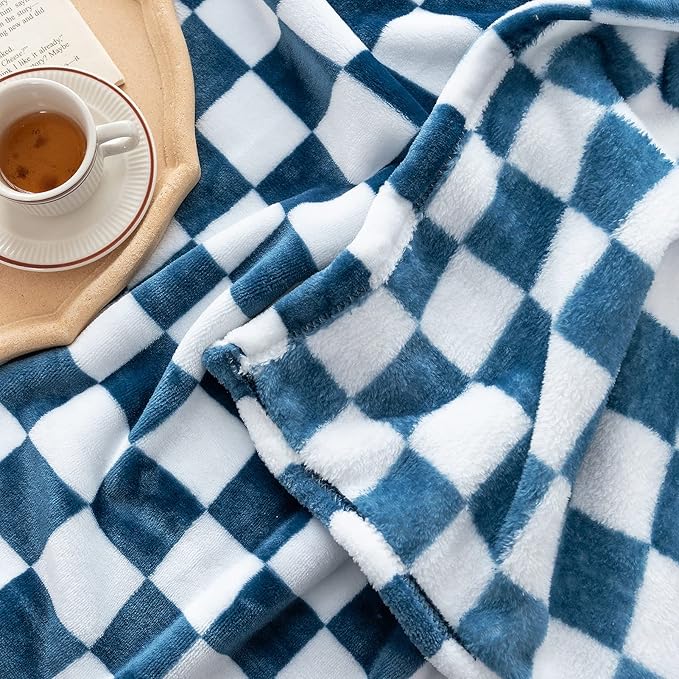 LOMAO Throw Blankets Flannel Blanket with Checkerboard Grid Pattern Soft Throw Blanket for Couch, Bed, Sofa Luxurious Warm and Cozy for All Seasons (Navy, 50"x60")