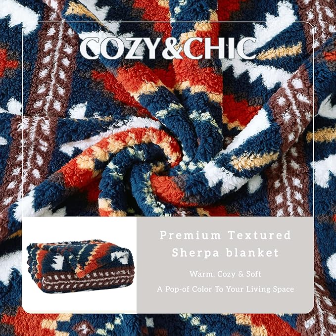 CASAAGUSTO Boho Sherpa Throw Blanket, Aztec King Size Blanket, Ultra Soft, Warm, Cozy, Plush, Thick Fleece Bohemian Throw Blanket for Couch, Bed, Sofa (Navy 108 * 90 Inch)