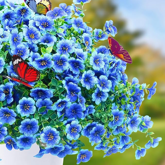 ‌20 Bundles Artificial Flowers for Outdoors‌ with 6 Faux Butterflies, UV Resistant ‌Fake Flowers‌ with Eucalyptus Leaves, ‌Artificial Plants Outdoor‌ for Patio Garden Porch Home Decor (Blue)