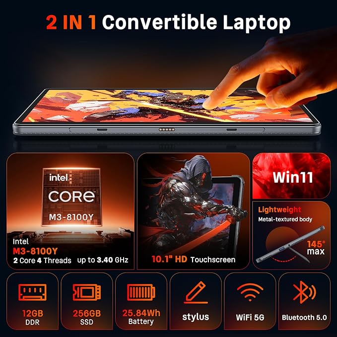 2-in-1Tablet Computer, 10.1" Touchscreen Tablet PC with Stylus and Case, Intel m3 8100Y up to 3.4GHz, 12GB RAM 256GB SSD, Win 11,for Home, Business, Students, Digital Sketching(Without Keyboard)