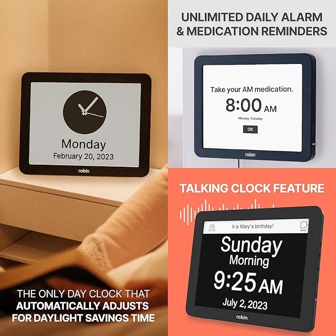 Robin Clock with Day and Date for Elderly, Clocks for Seniors, Dementia Clock, Digital Calendar Clock Elderly Bedside Clocks Seniors Alzheimers Products Dementia Clocks Seniors Extra Large, Black 12"