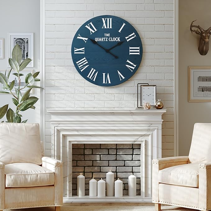 ARTPOWER Large Farmhouse Wall Clock, 24” Shiplap Wall Clock with Roman Numeral, Nearly Non-Ticking, Round Wall Clocks for Living Room Decor, Office, Bedroom, Entrance, Blue