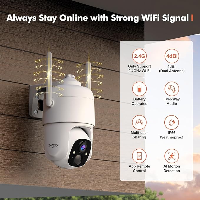 Dzees 360° PTZ Security Cameras Wireless Outdoor WiFi, 2K Battery Powered Home Security Camera Indoor, Spotlight & Siren, Color Night Vision, 2-Way Talk, AI Motion Detection, IP66 2-Pack