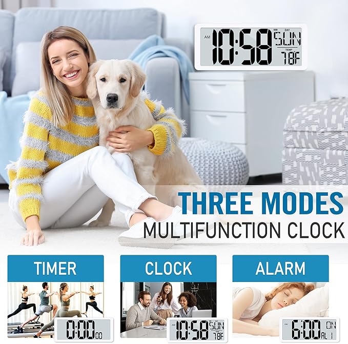 TXL Rechargeable Atomic Clock with Backlight, 14.2" Large Display Digital Wall Clock Battery Operated with Day, Date & Temperature, Large Wall Clock for Bedroom, Livingroom, Office（White）
