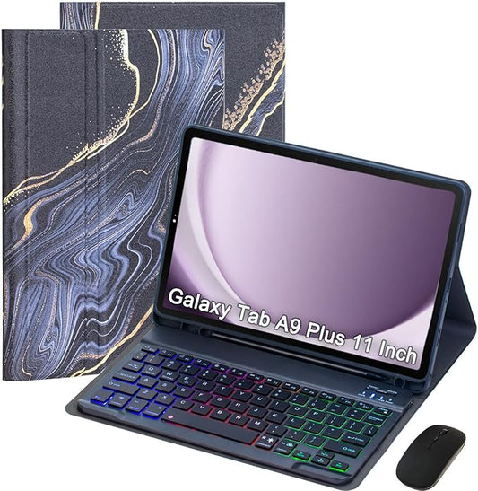 Keyboard Case for Samsung Galaxy Tab A9+/A9 Plus 11 Inch 2023 (SM-X210/X216/X218), Detachable Color Backlit Bluetooth Keyboard and Mouse, Lightweight Stand Cover with Pen Holder (Black Marble)