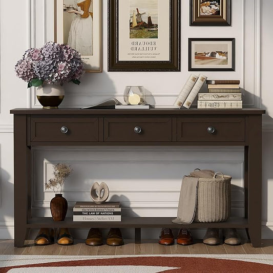 Farmhouse Modern Console Table 55.4-Inch Entryway Sofa Table with Drawers & Storage Shelf for Living Room Hallway Entrance, Dark Coffee