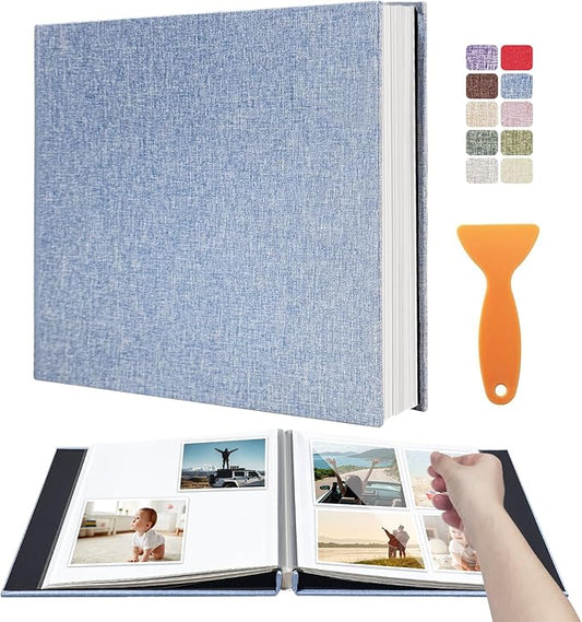 Photo Album Scrapbook â Holds 4x6, 5x7 & 8x10 Pictures â Self-Adhesive Pages for Baby, Wedding, Travel & Family Memories | Includes Metallic Pen & Scraper/Light Blue Large DIY Memory Book for Gifts